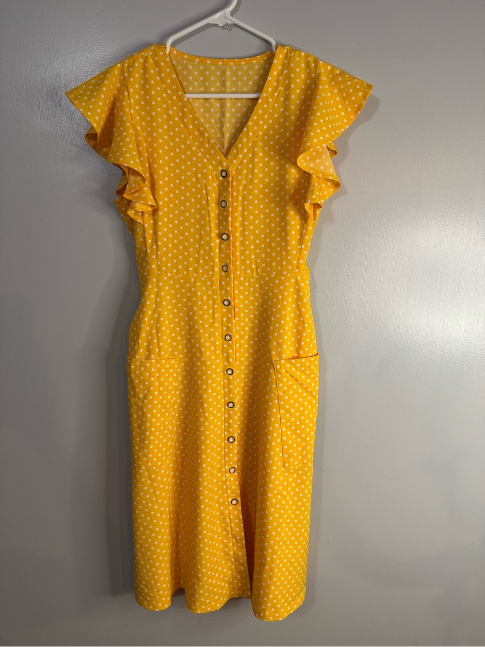 SHEIN Yellow Polkadot Button-Front Midi Dress Size Medium